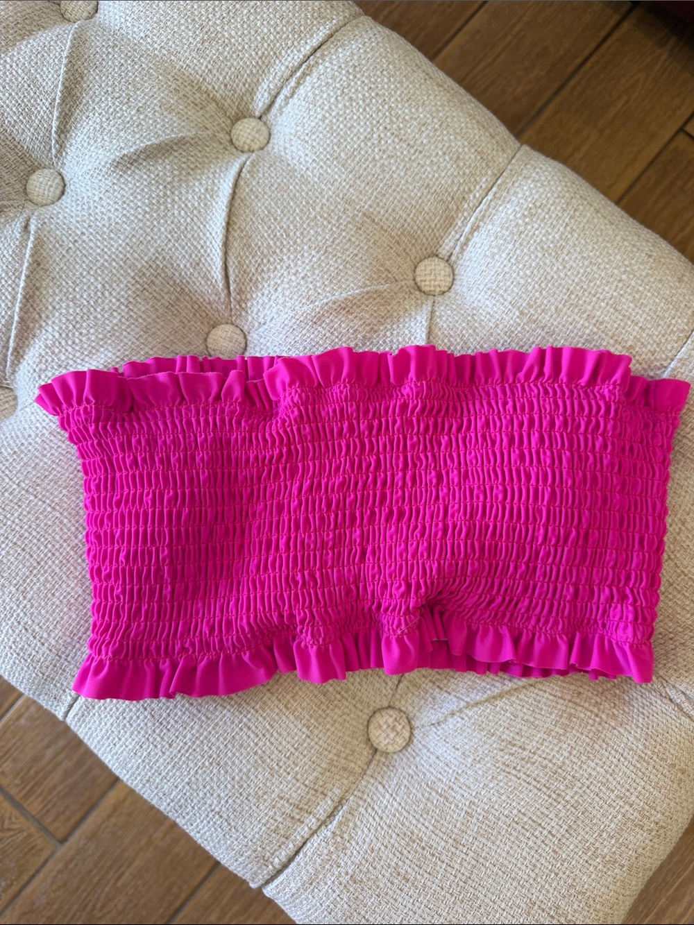 Smocked Selvedge Ruffle Bandeau Bikini Top - Hot Pink M Pads - Picture 2 of 5